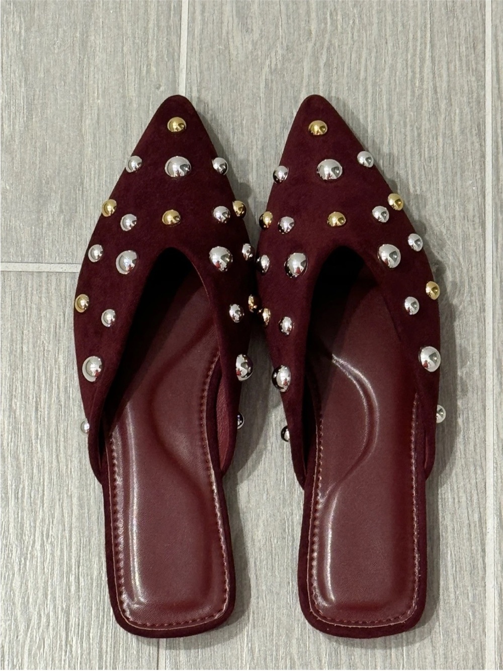 SHEIN Burgundy Pointed-Toe Studded Slip-On Mules